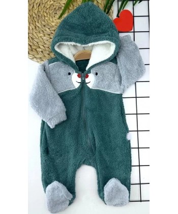 6-9-12-18 Ay Boydan Fermuarlı Welsoft Tüylü Kumaş Kapşonlu Patikli Kız Erkek Bebek Tulumu Petrol Mavisi