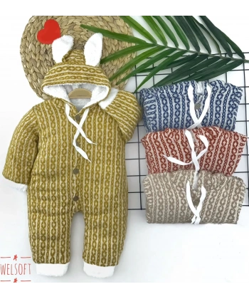 6-9-12-18 Ay Düğme Kapamalı Kulaklı Kapşonlu Triko Kumaş Kız Erkek Bebek Tulumu Kahverengi