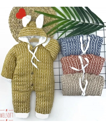 6-9-12-18 Ay Düğme Kapamalı Kulaklı Kapşonlu Triko Kumaş Kız Erkek Bebek Tulumu Mavi