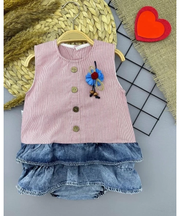 6-9-12-18 Ay Gül Rozet Detaylı Kot Kilotlu Etek Kız Bebek Elbisesi Gül Kurusu