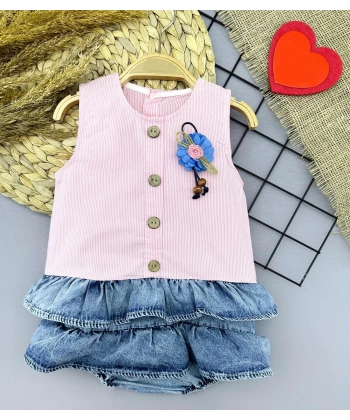 6-9-12-18 Ay Gül Rozet Detaylı Kot Kilotlu Etek Kız Bebek Elbisesi Pembe