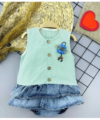 6-9-12-18 Ay Gül Rozet Detaylı Kot Kilotlu Etek Kız Bebek Elbisesi Yeşil