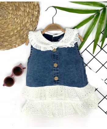 6-9-12-18 Ay Güpür Yaka Ve Etek Detaylı Kot Kilotlu Etek Kız Bebek Elbisesi Mavi