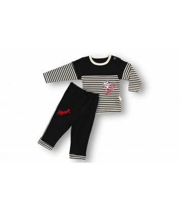6-9 9-12 12-18 18-24 24-36 Ay Sport Baskılı Çizgili Uzun Kollu Sweatli 2li Erkek Bebek Takımı Siyah