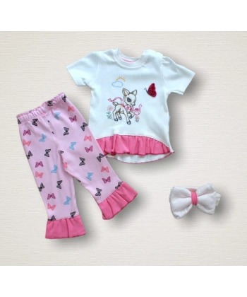 6-9 9-12 12-18 Ay Ceylanın Rüyası Baskılı Bandanalı Kısa Kollu Sweat 3lü Kız Bebek Takımı Ekru