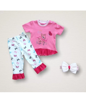 6-9 9-12 12-18 Ay Ceylanın Rüyası Baskılı Bandanalı Kısa Kollu Sweat 3lü Kız Bebek Takımı Pembe