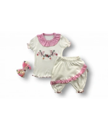 6-9 9-12 12-18 Ay Çiçek Nakışlı Roman Şalvar Bandanalı Kısa Kollu Sweat 3lü Kız Bebek Takımı Pembe