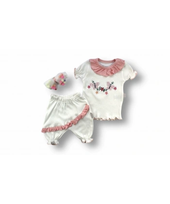 6-9 9-12 12-18 Ay Çiçek Nakışlı Roman Şalvar Bandanalı Kısa Kollu Sweat 3lü Kız Bebek Takımı Pudra