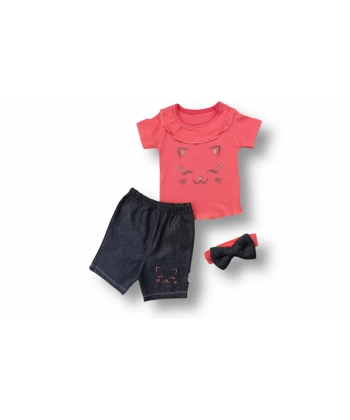 6-9 9-12 12-18 Ay Vip Kedi Baskılı Bandanalı Kısa Kollu Sweat 3lü Kız Bebek Takımı Nar Çiçeği