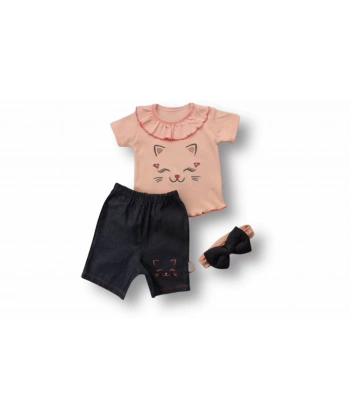 6-9 9-12 12-18 Ay Vip Kedi Baskılı Bandanalı Kısa Kollu Sweat 3lü Kız Bebek Takımı Pudra