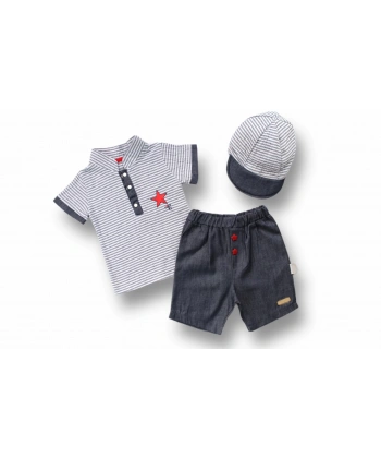6-9 9-12 12-18 Ay Vip Yaka Şapkalı Kısa Kollu Sweat 3lü Erkek Bebek Takımı Gri