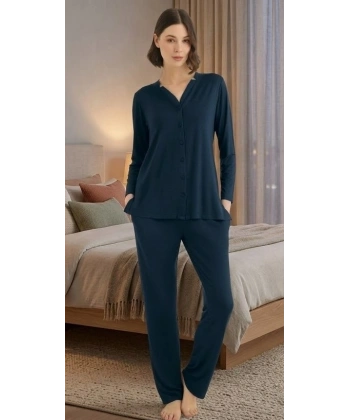 Bicomi Önden Düğmeli, Kolay Kullanım Gece Mavisi Şık Pijama Seti