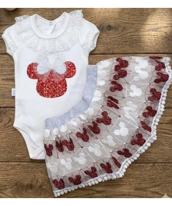 Mickey Payet Nakışlı Brode Etekli Kız Bebek Özel Gün Takımı - Kırmızı