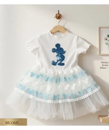 Kız Bebek Mickey Baskılı Brode Etekli Pamuklu Konfor Elbise - Turkuaz