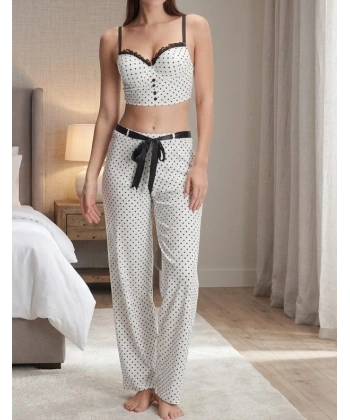 Bicomi Kadın Pamuklu Puantiyeli Bralet Sütyenli Rahat Kalıp Dantel Detaylı Ev Giyim ve Pijama Takımı