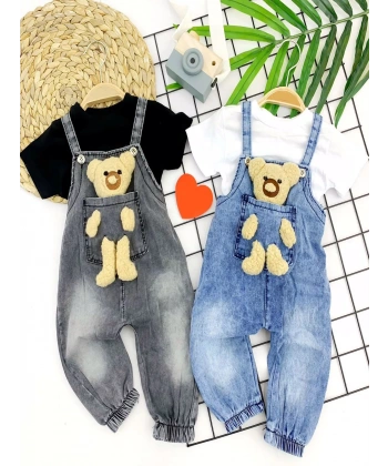 9-12-18-24 Ay Ayıcıklı Cep Kot Kumaş Tişörtlü 2li Kız Erkek Bebek Salopet Takımı Mavi