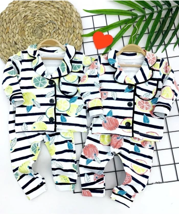 9-12-18-24 Ay Çizgili Meyve Desenli Düğme Kapamalı 2li Kız Erkek Bebek Pijama Takımı Sarı