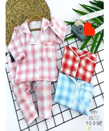 9-12-18-24 Ay Düğme Kapamalı Ekose Desenli 2li Kız Erkek Bebek Pijama Takımı Pembe