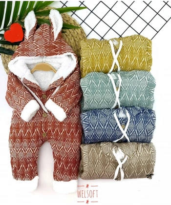 9-12-18-24 Ay Düğme Kapamalı Kulaklı Kapşonlu Motif Desenli Örme Kumaş Kız Erkek Bebek Tulumu Lacivert