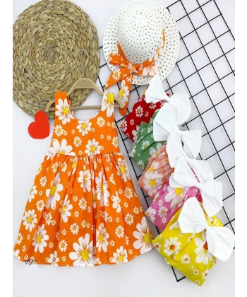 9-12-18-24 Ay Hasır Şapkalı Papatya Desenli Askılı 2li Kız Bebek Elbisesi Sarı