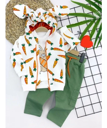 9-12-18-24 Ay Havuçlu Kulaklı Kapşonlu Fermuar Kapamalı 3lü Erkek Bebek Takımı Ekru