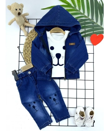 9-12-18-24 Ay Kot Kumaş Kapşonlu Uzun Kol Sweatli Kot Kumaş 3lü Erkek Bebek Takımı Mavi