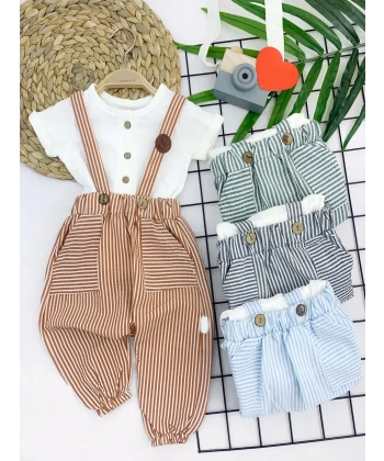 9-12-18-24 Ay Pamuk Keten Cepli Çizgili 2li Erkek Bebek Salopet Takımı Hardal