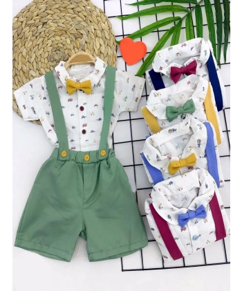 9-12-18-24 Ay Pamuk Keten Cepli Çizgili 2li Erkek Bebek Salopet Takımı Sarı