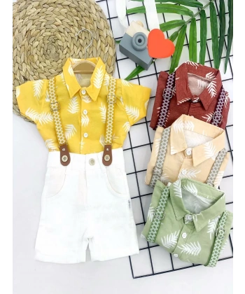 9-12-18-24 Ay Pamuk Keten Kumaş Hawai Gömlek Lastik Askılı 2li Erkek Bebek Takımı Bej