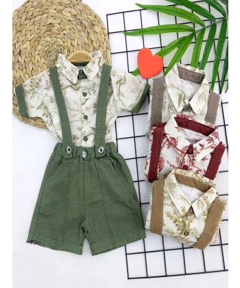 9-12-18-24 Ay Pamuklu Kumaş Keten Kısa Kol Gömlek 2li Erkek Bebek Salopet Takımı Kahverengi