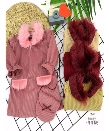 9-12-18-24 Ay Tüylü Yaka Ve Cep Kapaklı Çantalı Fitilli Kadife Uzun Kollu 2li Kız Bebek Elbisesi Pembe