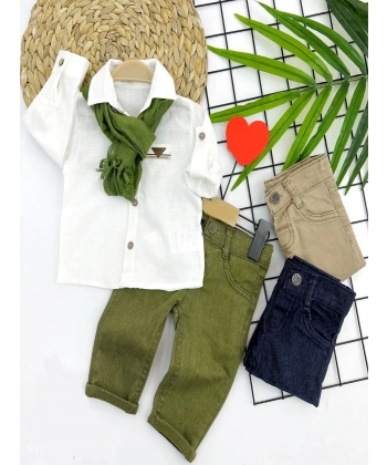 9-12-18-24 Ay Ve 3-4-5 Yaş Fularlı Pamuk Keten Gömlekli Pantolonlu 3lü Erkek Bebek Takımı Yeşil