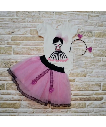 9-12-18 Ay Kalp Kız Nakışlı Taçlı Kısa Kollu Tütü Etek 3lü Kız Bebek Takımı Lila