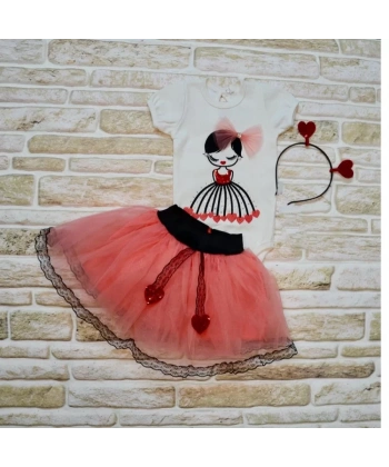 9-12-18 Ay Kalp Kız Nakışlı Taçlı Kısa Kollu Tütü Etek 3lü Kız Bebek Takımı Nar Çiçeği