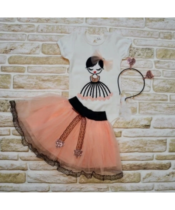 9-12-18 Ay Kalp Kız Nakışlı Taçlı Kısa Kollu Tütü Etek 3lü Kız Bebek Takımı Pudra