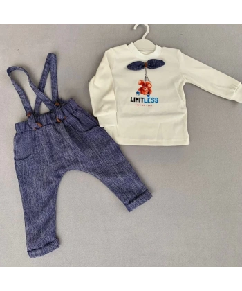 9-12-18 Ay Papyonlu Sweat Kot Pantolon 2li Erkek Bebek Salopet Takımı Lacivert