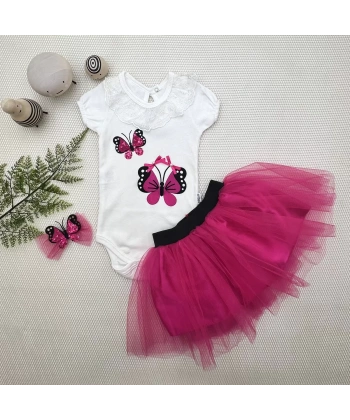 9-12-18 Ay Payetli Kelebek Nakışlı Taçlı Kısa Kollu Tütü Etek 3lü Kız Bebek Takımı Fuşya