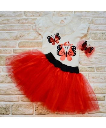 9-12-18 Ay Payetli Kelebek Nakışlı Taçlı Kısa Kollu Tütü Etek 3lü Kız Bebek Takımı Kırmızı