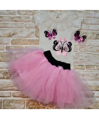 9-12-18 Ay Payetli Kelebek Nakışlı Taçlı Kısa Kollu Tütü Etek 3lü Kız Bebek Takımı Lila