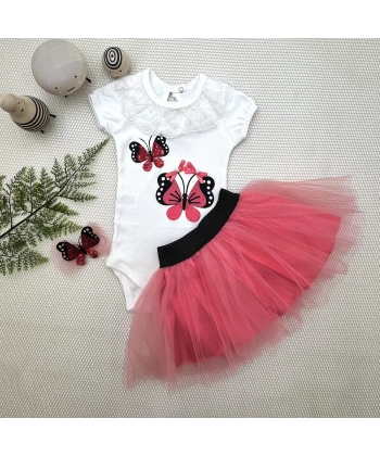 9-12-18 Ay Payetli Kelebek Nakışlı Taçlı Kısa Kollu Tütü Etek 3lü Kız Bebek Takımı Nar Çiçeği