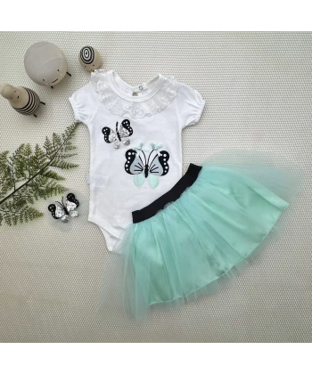 9-12-18 Ay Payetli Kelebek Nakışlı Taçlı Kısa Kollu Tütü Etek 3lü Kız Bebek Takımı Su Yeşili