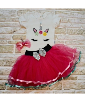 9-12-18 Ay Payetli Pony Nakışlı Tokalı Kısa Kollu Tütü Etek 3lü Kız Bebek Takımı Fuşya