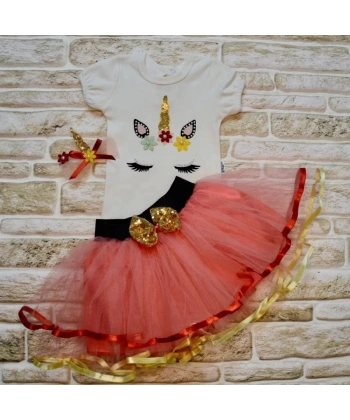 9-12-18 Ay Payetli Pony Nakışlı Tokalı Kısa Kollu Tütü Etek 3lü Kız Bebek Takımı Nar Çiçeği