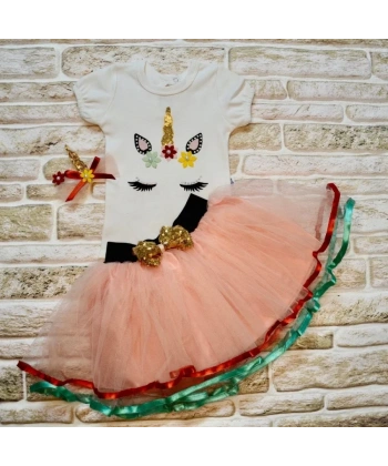 9-12-18 Ay Payetli Pony Nakışlı Tokalı Kısa Kollu Tütü Etek 3lü Kız Bebek Takımı Pudra