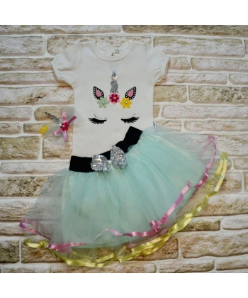 9-12-18 Ay Payetli Pony Nakışlı Tokalı Kısa Kollu Tütü Etek 3lü Kız Bebek Takımı Su Yeşili