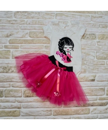 9-12-18 Ay Saçı Örgülü Kız Nakışlı Kurdelalı Kısa Kollu Tütü Etek 2li Kız Bebek Takımı Fuşya