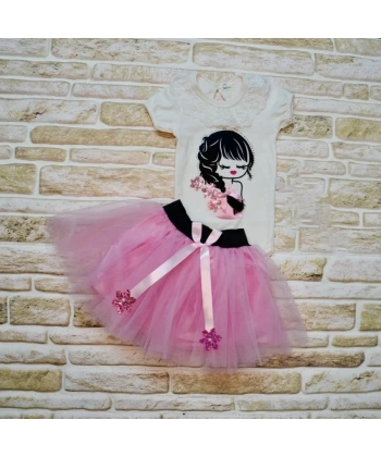 9-12-18 Ay Saçı Örgülü Kız Nakışlı Kurdelalı Kısa Kollu Tütü Etek 2li Kız Bebek Takımı Lila