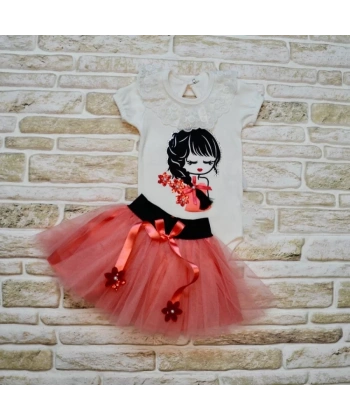 9-12-18 Ay Saçı Örgülü Kız Nakışlı Kurdelalı Kısa Kollu Tütü Etek 2li Kız Bebek Takımı Nar Çiçeği