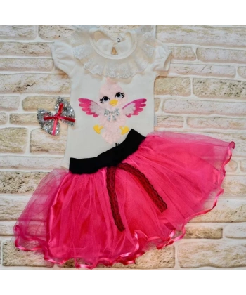 9-12-18 Ay Toka Hediyeli Kuş Desenli Tişört Tütü Etek 2li Kız Bebek Takımı Fuşya