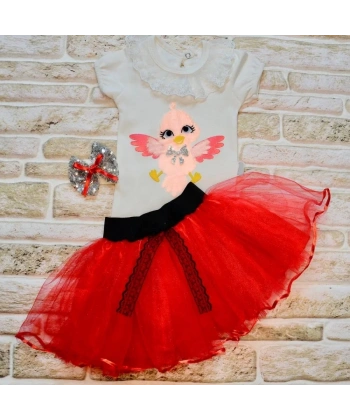 9-12-18 Ay Toka Hediyeli Kuş Desenli Tişört Tütü Etek 2li Kız Bebek Takımı Kırmızı